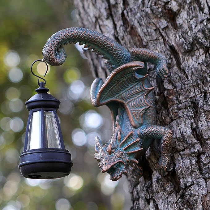 Solar Dragon Tree Hugger Statue Wall Decor - Whimsical Garden Statue with Solar Lantern, Outdoor&Yard Decor, Fantasy Dragon Figurine for Trees, Walls, or Fences - Unique Gifts for Women & Men