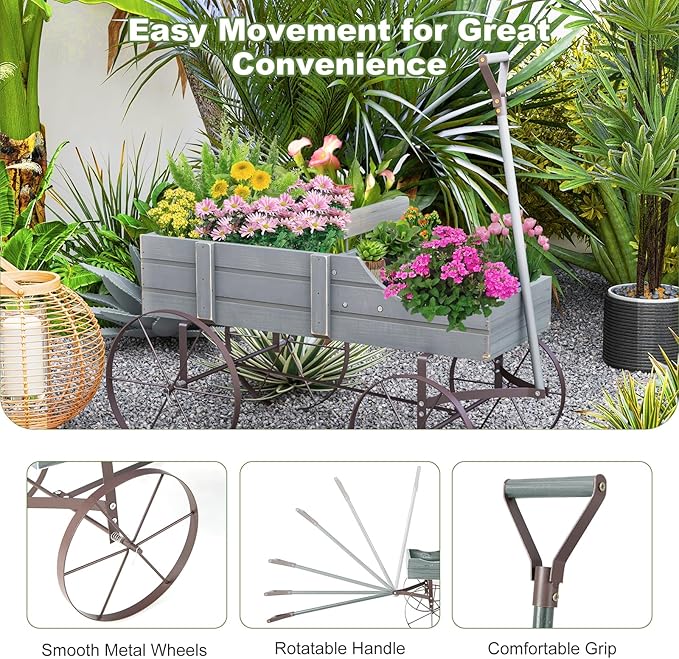 HAPPYGRILL Wooden Wagon Planter, 24.5” x 13.5” x 24” Decorative Garden Planter w/ 2 Planting Sections, Wheels, Handle, Small Decorated Cart, Flower Planter Box for Indoor Outdoor Patio (Grey)