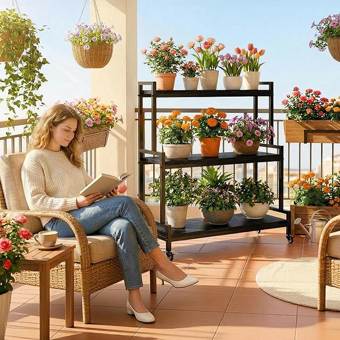 Flower Cart Display Stand with Wheels - Solid Wooden Plant Stand Shelf Outdoor - 3 Tier Patio Rolling Flower Stand - Ladder Folwer Holder Stand 37''x31'' for Florist, Garden, Wedding, Living Room, Black