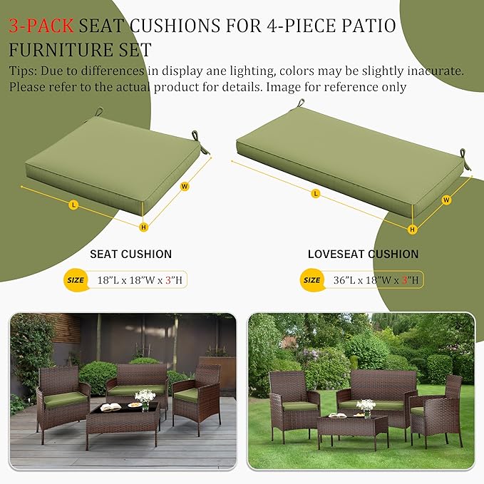 3 Pack Outdoor Replacement Cushions, Fit for 4-Seater Wicker Rattan Patio Conversation Set, 36x18x3,18x18x3, Liner & Cover