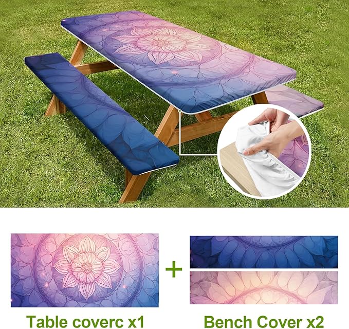 Mandala Design Picnic Table Cover with Bench Covers Set of 3 - Colorful Gradient Geometric Pattern, Elastic Fitted Tablecloth for 6 Ft Tables, Washable Polyester Cover for Patio, Indoor & Outdoor