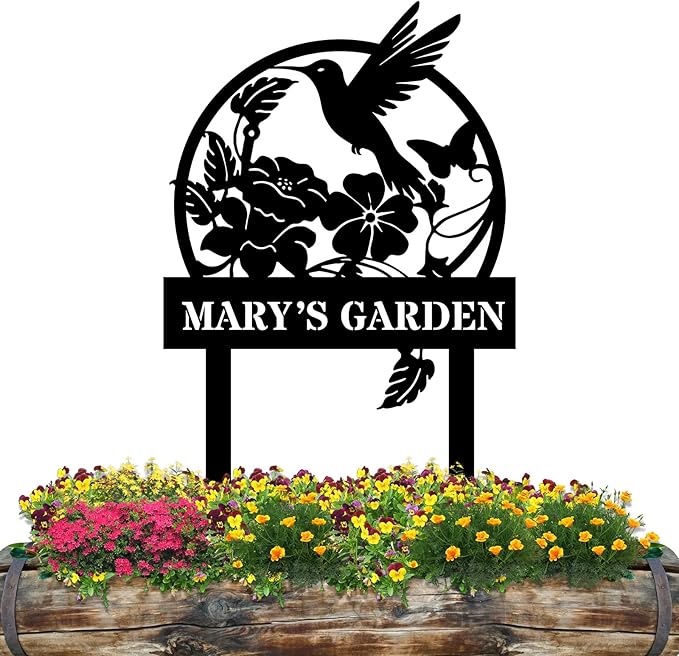 Personalized Metal Garden Sign, Custom Flutter Bird Decor with Stake, Metal Yard Art, Garden Name Sign,Outdoor Decor,Patio Decoration,Home Present,Gardeners & Planters Gift