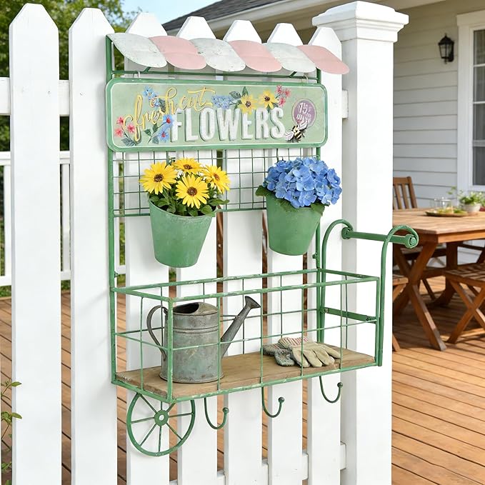 Vintage Rustic Metal Wall Plant Stand for Indoor Outdoor Decor,Garden Wall-Mounted Cart-Shaped Hanging Planter Holder with Flower Buckets & Storage Shelf Hooks for Patio Yard Farmhouse