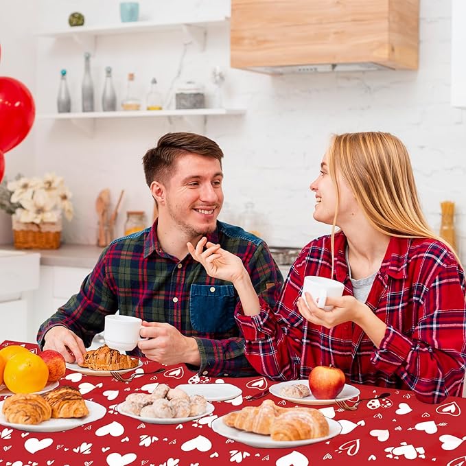 3 Pieces Valentine's Day Red Heart Tablecloth - 54 x 108 Inches Disposable Plastic Table Cover with Hearts and Arrows for Weddings, Bridal Showers, Engagement Party Supplies, and Romantic Decorations