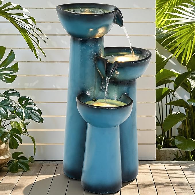 27" Outdoor Fountain, 3-Tier Modern Column Water Feature with LED Lights, Resin Soothing Cascading Waterfall for Patio, Backyard, Garden or Porch, Blue