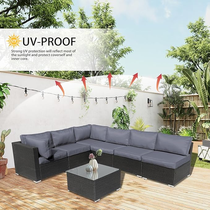 14Piece Outdoor Sofa Cushion Replacement, Patio Furniture Waterproof Cushion with Zippers, fit 6-Seat Outdoor Wicker Rattan Sectional Couch (BlackGrey, 24.8"x24.8"x3.15")