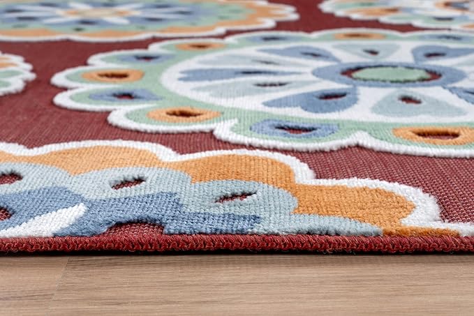 Outdoor Rug 9x12 Washable Area Rugs Indoor Outdoor Carpets Red Bohemian Medallion Non Shedding Waterproof Easy Clean Patio Deck Porch Living Room Bedroom Garden RV (9 X 12 Red)