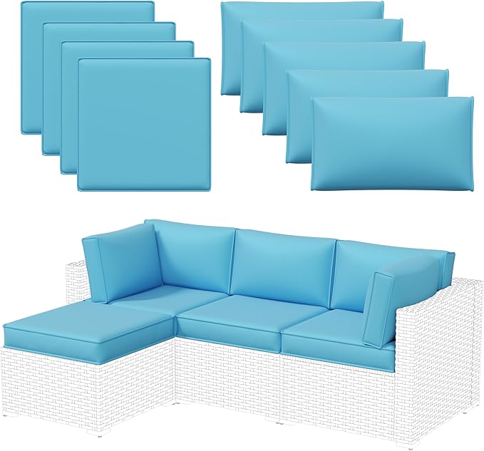 Aoxun Outdoor Replacement Cushions for Patio Furniture, 4'' Water-Repellent Sofa Cushion for 4-Seat Rattan Wicker Sectional, Deep Seats & Fade Resistant (9-Piece, Sky Blue)