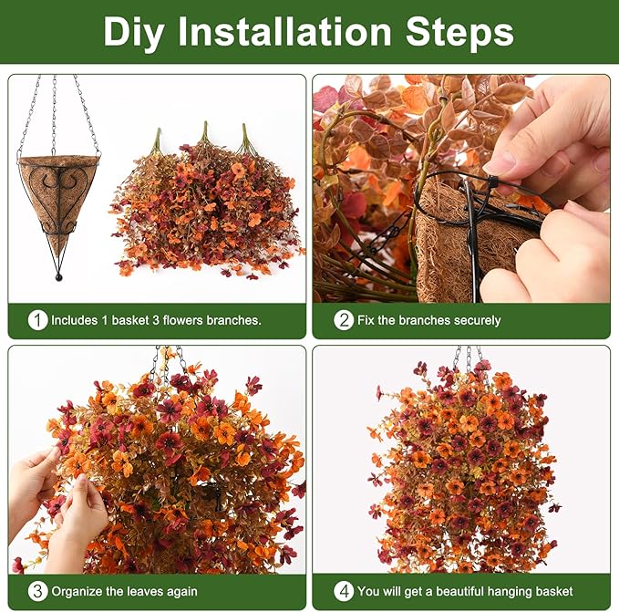Fall Artificial Faux Mums Hanging Flowers Plants Basket for Outdoor Decoration,Fake Silk Daisy planters UV Resistant Look Real for Home Porch Patio Balcony Yard Autumn Decor (Yellow Brown)