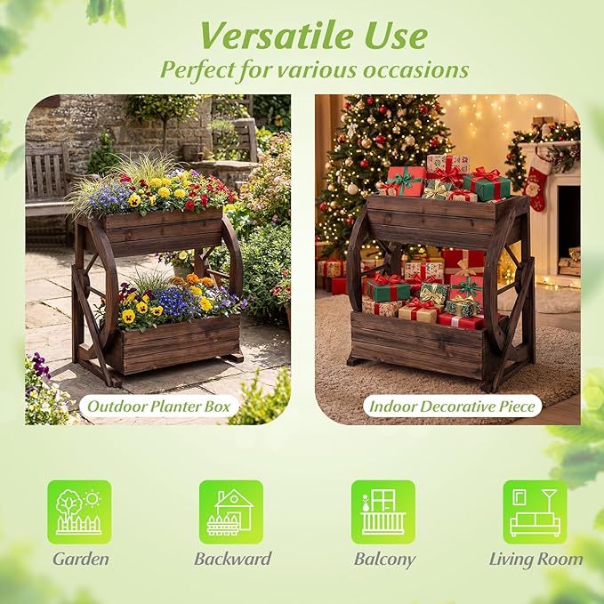 Giantex Wooden Wagon Planter Box, 2-Tier Garden Planter with Drainage Holes for Flowers Herbs Vegetables, Indoor Outdoor Decorative Planter Container for Patio Garden Balcony (2)