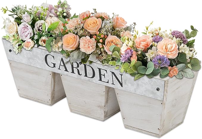 SOFE Farmhouse Wooden Flower Boxes, Rectangular Planters with Garden Sign, 11 Inch Long Pots for Plants, Porch Windowsill Decorative Planter