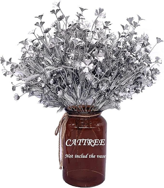 Artificial Plants, CATTREE Plastic Grass Faux Shrubs Fake Leaves for Christmas Flowers Bushes Home Indoor Outdoor Garden Wedding Festival Decoration Hall Table Planter DIY Flower Filler – Silver 4 Pcs