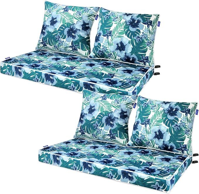 Outdoor Loveseat Cushion Set 44''x24'', Outdoor Cushions for Patio Furniture with Fastness Cover, Water Repellent Outdoor Seat Cushion and Couch Back Cushions for Bench, Swing (Blue Flower, 2 Sets)