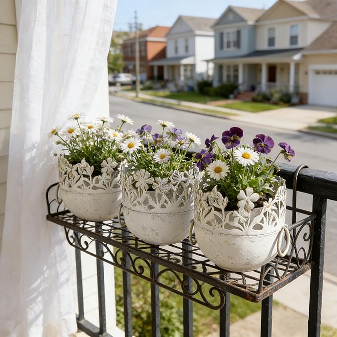 3-Piece Vintage Metal Floral Cutout Planter Set, Rustic Garden Flower Pots for Indoor Outdoor Decor, Distressed Bronze Planters with Handles