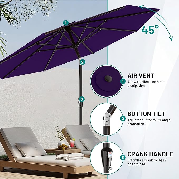 AreShark 9 FT Patio Umbrella for Outdoor, Outdoor Table Umbrella with Push Button Tilt and Crank, Outdoor Patio Umbrellas with 8 Sturdy Ribs for Market, Garden, Pool (Dark Purple)
