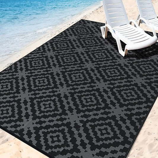 Outdoor Camping Rug Waterproof 5x8FT, Reversible Stain & UV Resistant Plastic Straw RV Rug for Outside Patio Porch Pool Deck Beach Indoor, Area Carpet Mat with Portable Bag&4 Stakes-Black Grey Rhombus