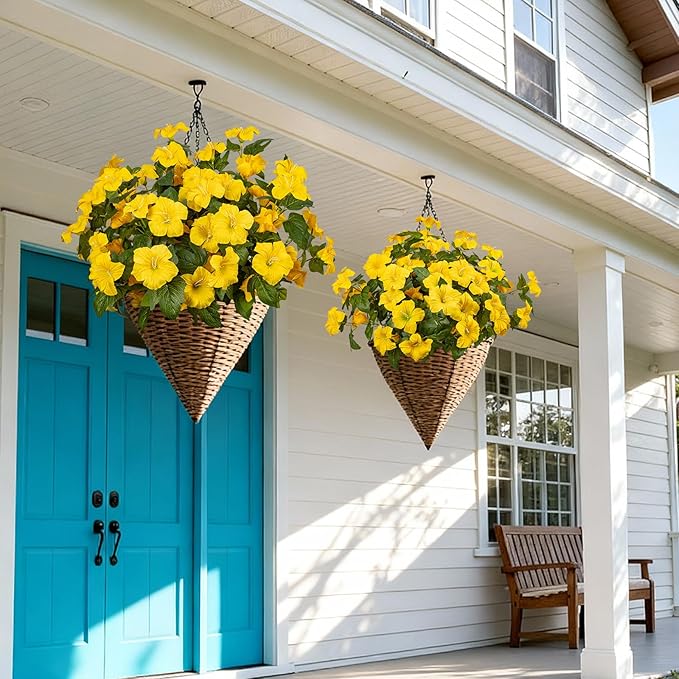 19 Inch Artificial Fake Flowers for Outdoor,4 Pcs Yellow Faux Silk Petunias Spring Flowers for Outside for Indoor Porch Planter Front Door Garden Patio Window Box Home Decor