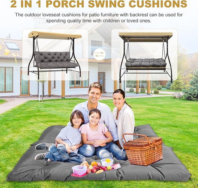 60" Porch Swing Cushion with Backrest, Waterproof Outdoor Bench Swing Cushions 3 Seater Replacement Thickened Swing Cushions with Ties for Patio Garden Backyard,Dark Gray,60x40in