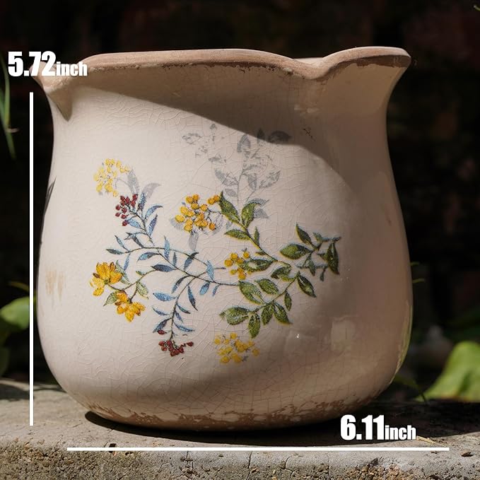 Rustic Ceramic Planter, 6 Inch Tuscan Vintage Flower Pot with Drainage, Farmhouse Garden Pot for Indoor Plants, Kitchen & Garden Tuscan Decor, Plant Lover Gift (Yellow)
