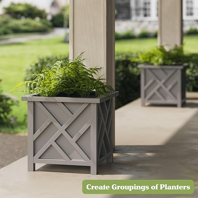 Lattice Design Outdoor Planter Box - 15.5” Square 16.5” Tall Gray Plant Pot - Decorative Plant Pots for Front Porch Decor - Flower Pots Outdoor Planters for Porch Patio or Garden Decor by Pure Garden