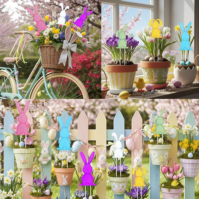 Pickmesh 6 Pcs 20" Easter Outdoor Decorations Easter Yard Sign Metal Bunny Yard Stake Multicolored Rabbits Barn Garden Stake for Planter Pot Spring Walkway Pathway Lawn Decor