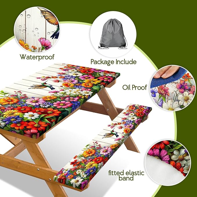 Floral Picnic Table Cover with Bench Covers, Camping Bird Flower Wooden Spring Essentials Waterproof Windproof Camping Tablecloth with Drawstring Bag, Fitted Rectangle Tables and Seats, 72in