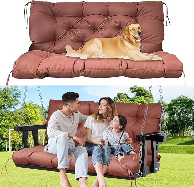 60" Porch Swing Cushion with Backrest, Waterproof Outdoor Bench Swing Cushions 3 Seater Replacement Thickened Swing Cushions with Ties for Patio Garden Backyard,Coffee,60x40in
