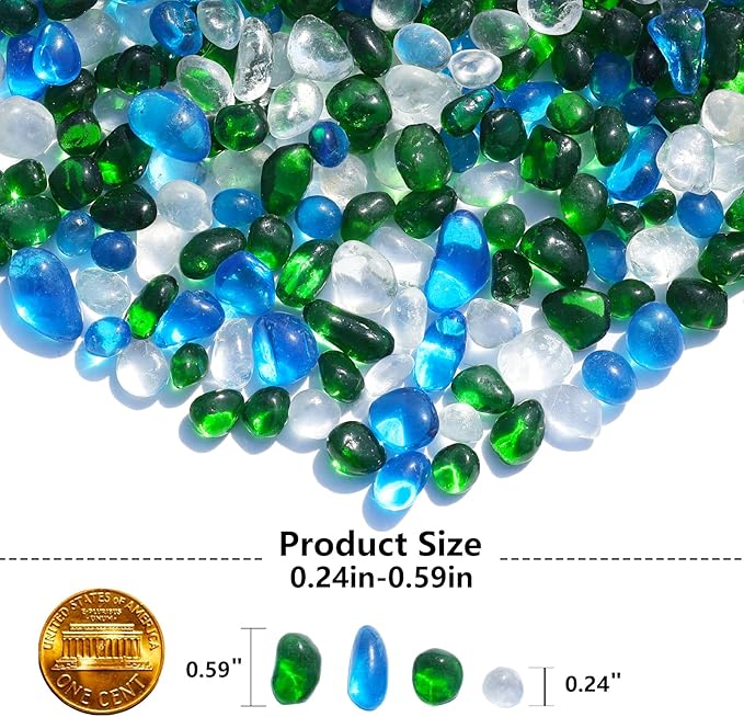 Sea Glass Stones - Green Mixed Clear Glass Pebbles Gemstones - Perfect for Aquarium Rocks, Fish Tank Gravel, Vase Fillers, DIY Crafts, and Home Decor (0.9LB/14oz)