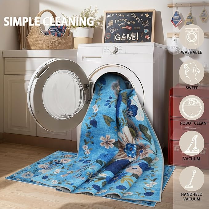 Living Room Rugs, Area Rugs 5x8 Rug for Bedroom Ultra-Thin Soft, Non-Slip Washable Rugs Stain Resistant Boho Rug Low-Pile Throw Rug for ‎Dining Room Office (5 x 8, Blue Garden)