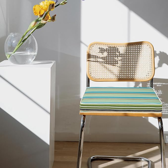 FUNHOME Indoor/Outdoor Chair Cushions Set of 2, 18 x 18 x 2.5 Inch Square Corner Outdoor Cushions for Patio Furniture,2 Packs Patio Chair Cushions with Ties-Green Stripe