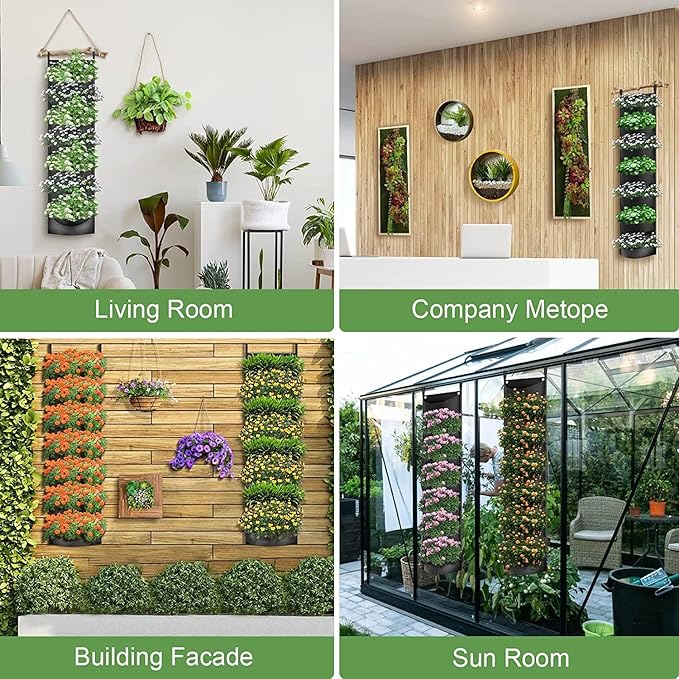 iPower 2 Pack Hanging Vertical Wall Planter 7 Pockets Upgraded Deeper Waterproof Herb Flower Growing Pouch Felt Cloth, for Garden Yard Courtyard Fence Home, Balcony Office Decoration