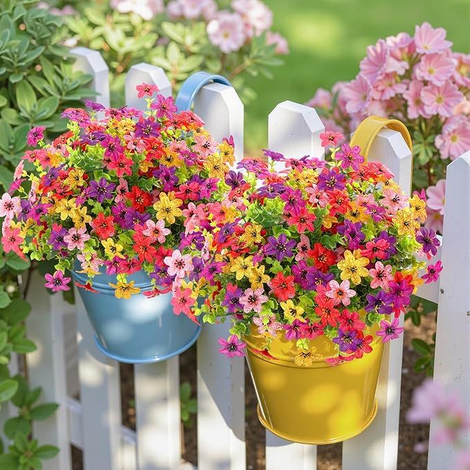 SHareconn 24 Bundles Artificial Flowers for Outdoors Spring Decoration, Fake Silk Realistic Faux Plants UV Resistant for Outside Planter Porch Patio Indoor Decor, RedRosePurpleYellowPinkDeeppurple