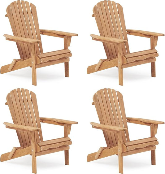 SoliWood Outdoor Wooden Folding Adirondack Chair Set of 4 with Pre-Assembled BackRest, Wood Patio Chair for Garden Backyard Porch Pool Deck Firepit