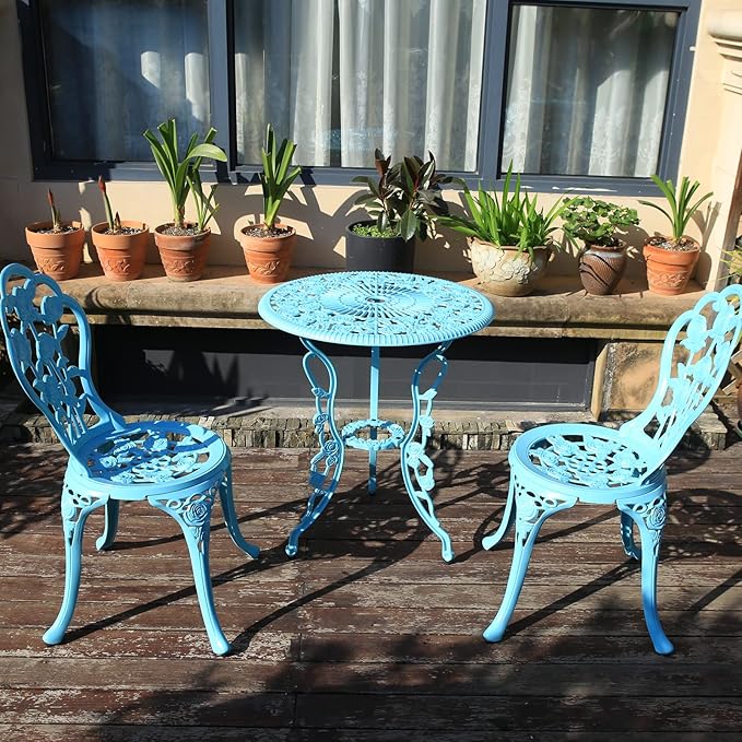 KAILI Outdoor Furniture Bistro Set with Rose Pattern 1 Table 2 Chairs for Garden Patio Porch (Rose-Light Blue)