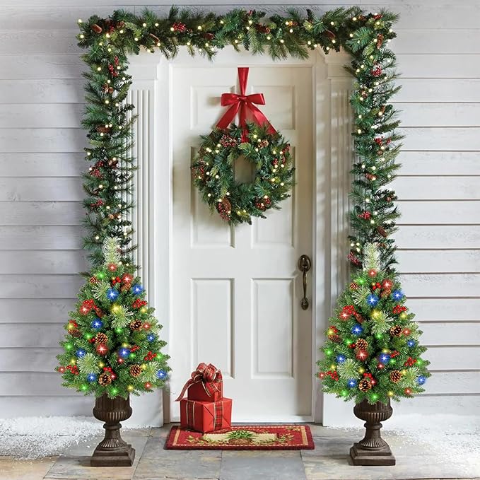 [2 Pack & Timer] 33 Inch Christmas Tree Urn Fillers with 50 Warm & Colorful Change Lights Pinecones Red Berries Tripod Stake Battery Operated 8 Mode for Porch Outdoor Xmas Trees Christmas Decorations