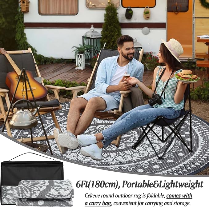 Cekene Round Outdoor Rugs for Patio 6Ft Waterproof Reversible Outdoor Patio Rugs Black Lightweight Plastic Straw Rugs Portable RV Camping Mat Floor Carpet for Deck Porch Picnic BBQ
