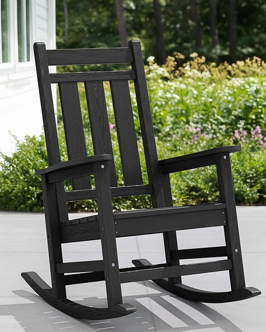 KINGYES Outdoor Rocking Chair, All-Weather Patio Rocking Chairs for Porch, HDPE Rocking Outdoor Chairs with High Back for Adult, Heavy Duty Outdoor Patio Rockers for Garden, Lawn, Black