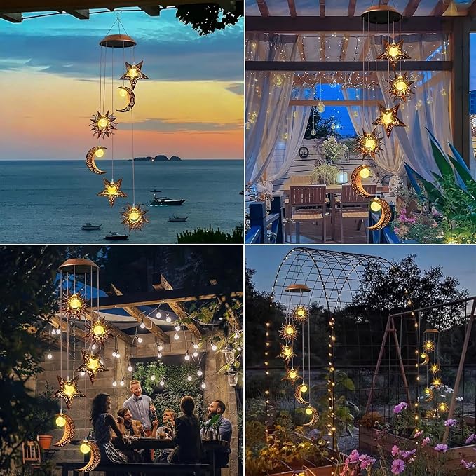 Solar Wind Chimes for Outdoor Lights Sun Moon Star for Women Mom Wife Hanging Decor Outdoor Sympathy Wind Chimes for Garden Patio Balcony Birthday Womens Gifts