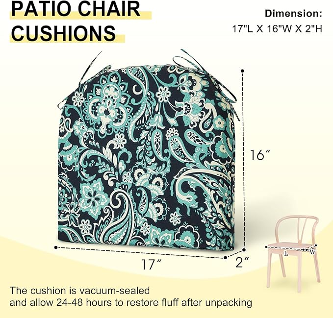 downluxe Outdoor Chair Cushions Set of 4 for Patio Furniture, Water-Resistant Patio Chair Cushions with Ties, High Density Foam Outdoor Seat Cushion, 17" X 16" X 2", Green Paramecium