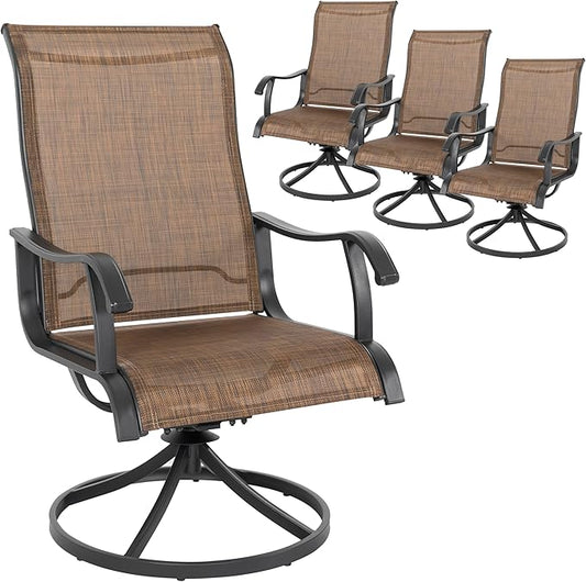 NUU GARDEN Patio Dining Chairs Set of 4, Swivel Patio Sling Chairs All-Weather Textilene Outdoor Swivel Rocker Dining Chairs with Metal Frame and High Back for Lawn Backyard, Brown