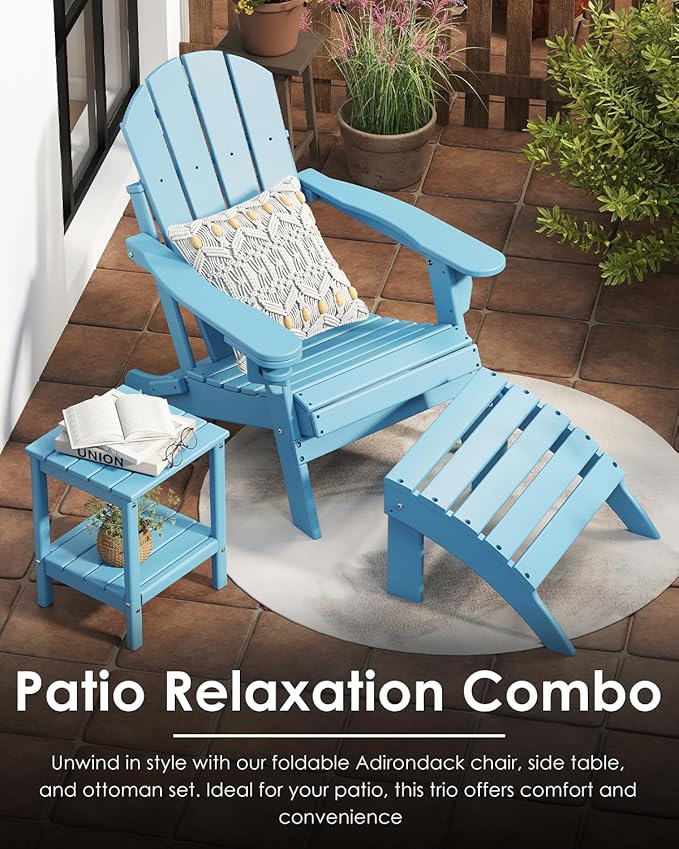 GREENVINES Folding-Adirondack-Chairs-Set-of-4 | HDPE Plastic | Fire Pit Chair | All Weather | Cup Holder | Arctic | for Deck Backyard Patio Outdoor Garden