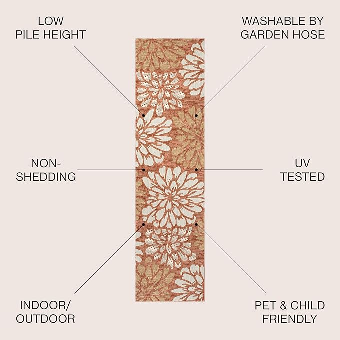 JONATHAN Y Floral Textured Weave Indoor Outdoor Runner Rug 2X10 Orange/Cream, Zinnia Modern for Backyard, Patio, Porch, Easy-Cleaning, High Traffic, Pet-Friendly, Non-Shedding (SMB110E-210)