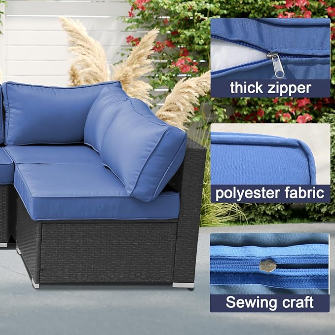 14Piece Outdoor Sofa Cushion Replacement, Patio Furniture Waterproof Cushion with Zippers, fit 6-Seat Outdoor Wicker Rattan Sectional Couch (Blue, 24.8"x24.8"x3.15")