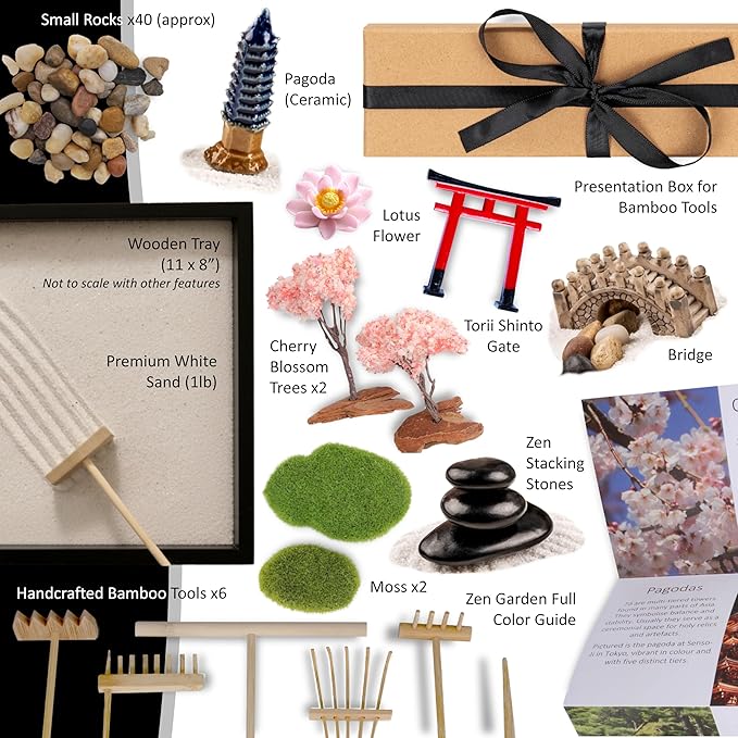 Zen Garden Kit 11x8in. Beautiful Japanese Decor Mini Rock Feature Gift Set for Home, Office Desk. Zen Sand Garden, 6 Tools, 15 Accessories. Sand Tray Therapy Desktop Meditation Room