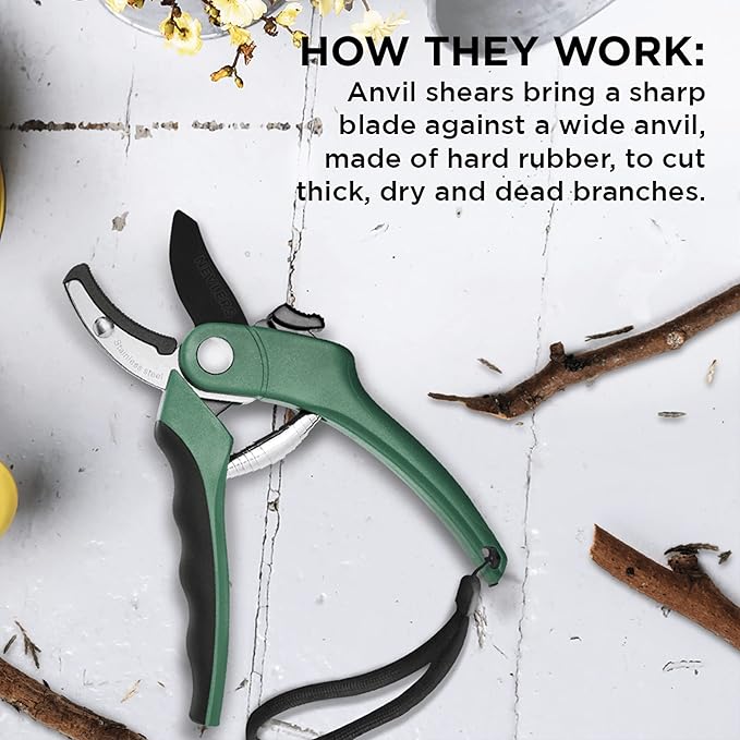 Nevlers 8" Green Anvil Pruning Shears Heavy Duty | Hand Pruners for Gardening w/Steel Blades, Safety Lock & Ergonomic Grip | 8mm Cut Plant Shears & Garden Clippers Handheld for Dead Stems & Branches