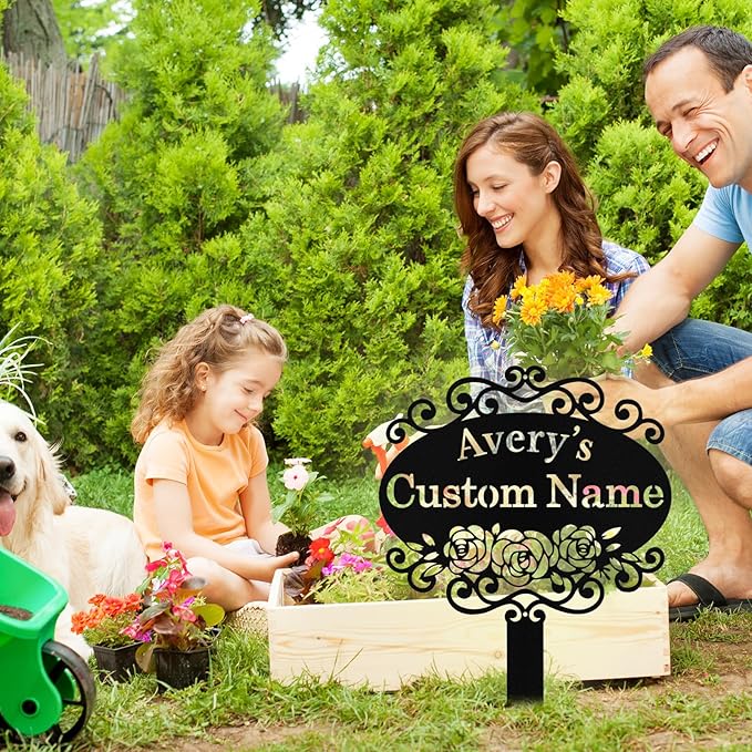 Custom Metal Garden Sign with Stake, Personalized Garden Signs for Outside, Customized Garden Name Signs for Yard Lawn Outdoor Decor Gardening Gifts for Moms Grandmas Gardeners