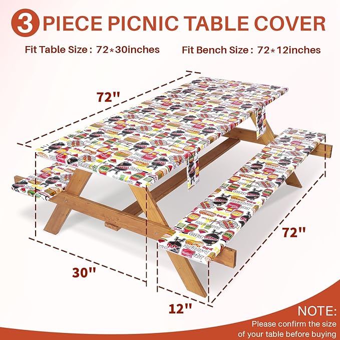 3 Piece Picnic Table Cover with Bench Covers Fitted Camping Table Cloths for 6Ft Tables Camper Travel Trailer Must Haves Motorhome Garden Tools Couple Wife Husband Boyfriend Girlfriend Gift