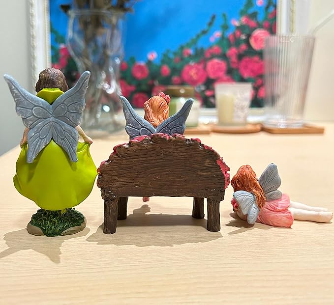 Miniature Fairy Garden Figurines Set, 3 Piece with Rose Bench, Fairy Garden Decor Accessories, Gifts for Girls, Desk Decor or Dashboard Ornaments