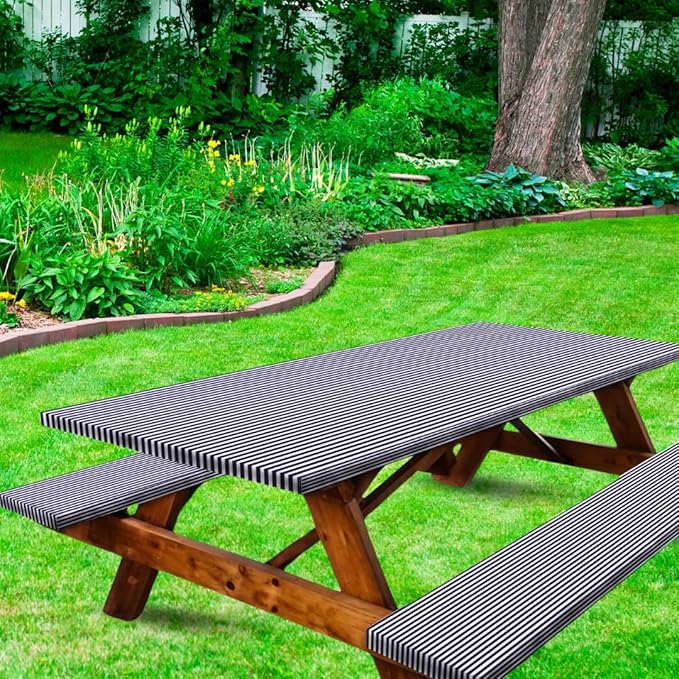 RNOONY 6ft Polyester Picnic Table Cover with Bench Covers Windproof & Waterproof Tablecloth, Perfect Camping Gifts RV Essentials, Cool Camping Gadgets, with Carrying Bag, 72x30 Inch 4Pcs,Blue Striped