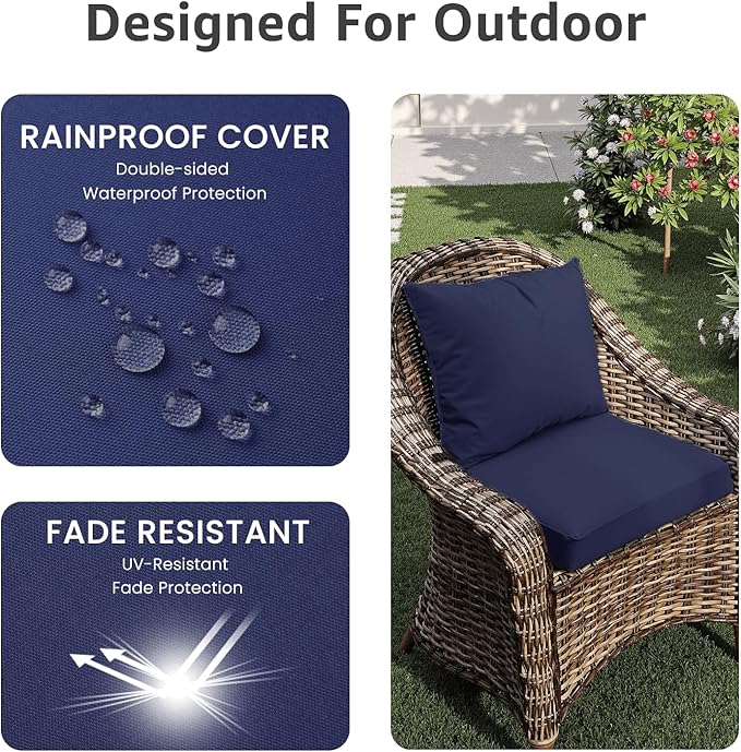 Outdoor Chair Cushions 19 x 19 x 3 Inch, Waterproof & Fade Resistant Patio Seat Cushion for Furniture with Handle and Ties, Thick Seating Pads for Outside Sofa Couch Set of 2, Dark Blue